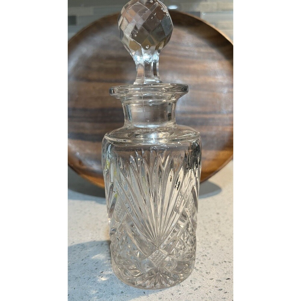 Vintage Decanter Vanity Bottle Pressed Glass Faceted Stopper 7.5" Tall Unmarked